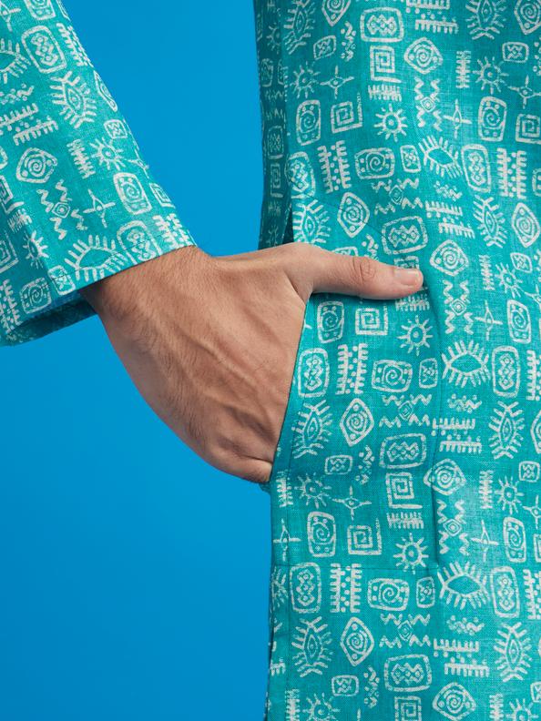 Diwas Men Turquoise Blue Aztec Print Kurta