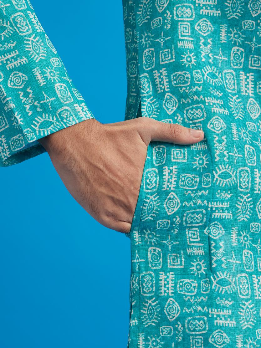 Diwas Men Turquoise Blue Aztec Print Kurta