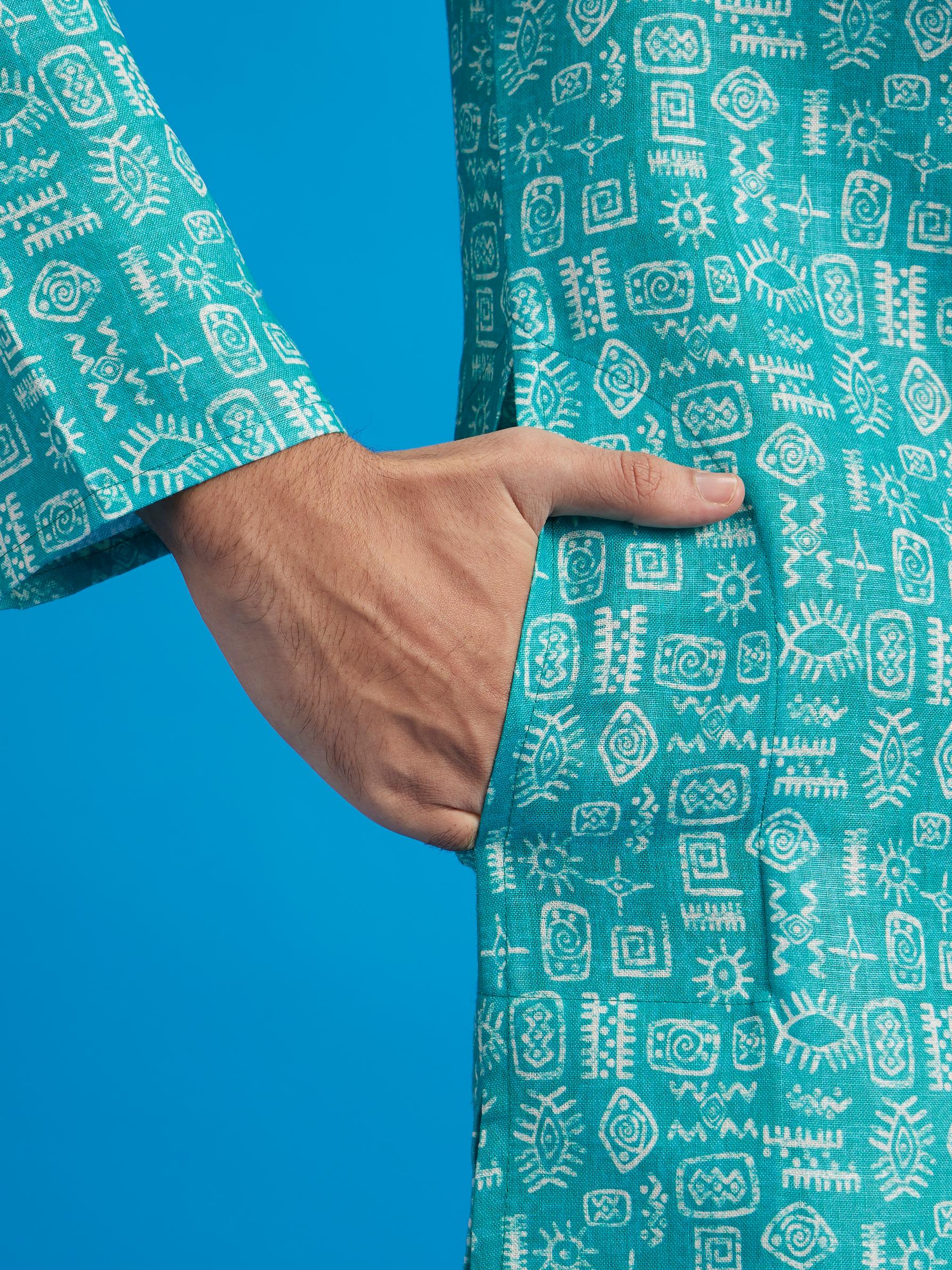 Diwas Men Turquoise Blue Aztec Print Kurta