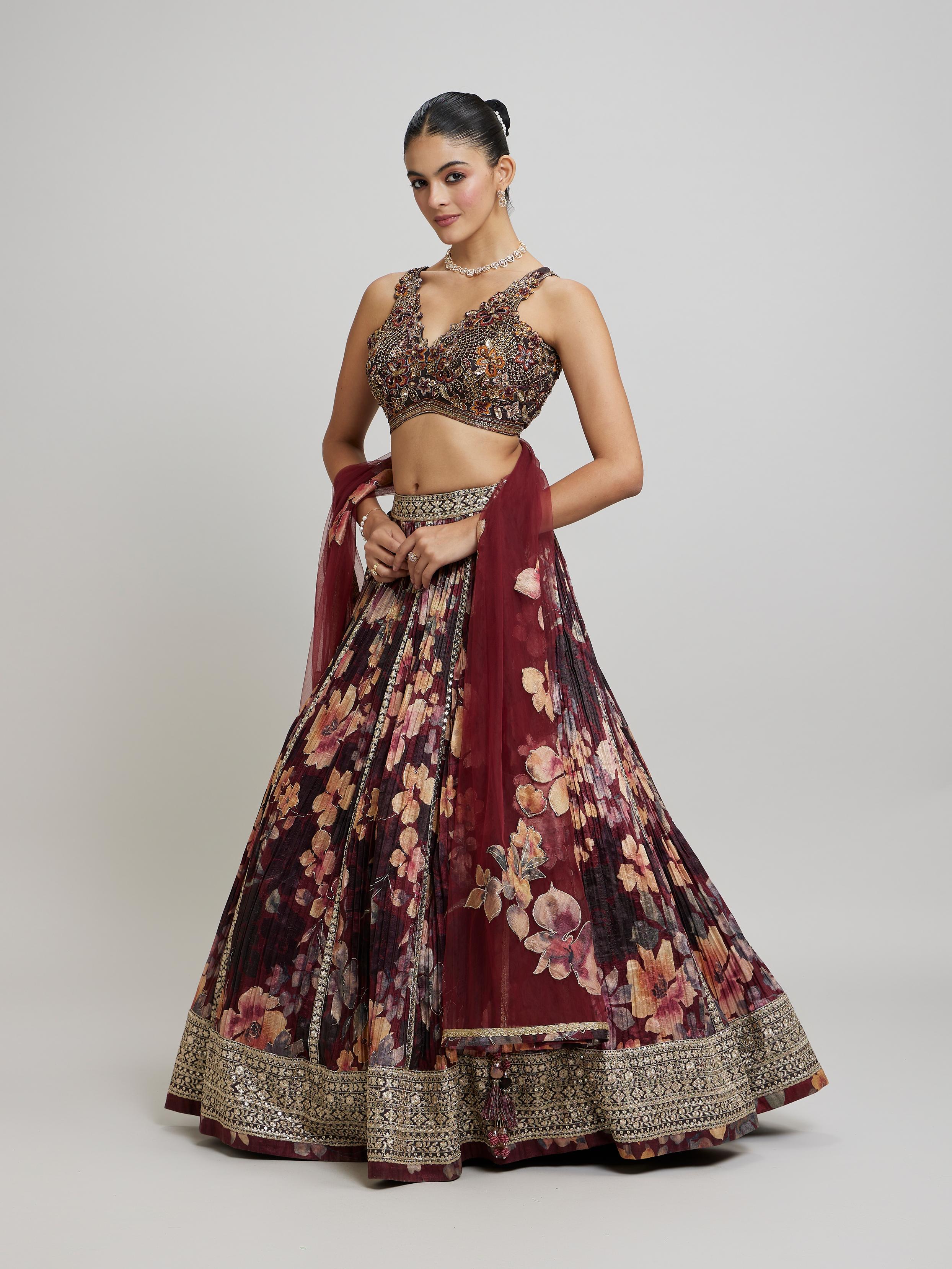Twamev Women Elegant Maroon Net Lehenga
