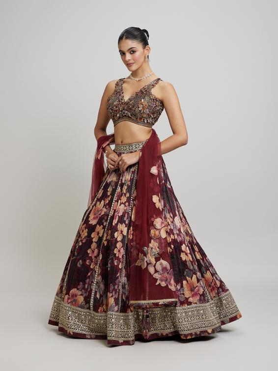 Twamev Women Elegant Maroon Net Lehenga