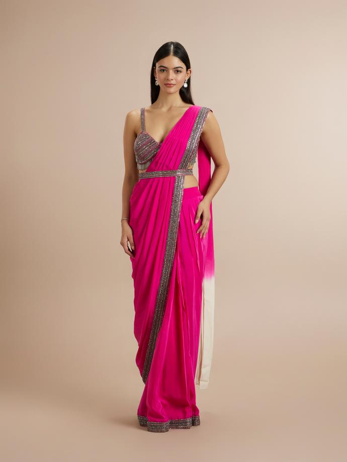 Twamev Women Twirling Rani Pink Satin Saree