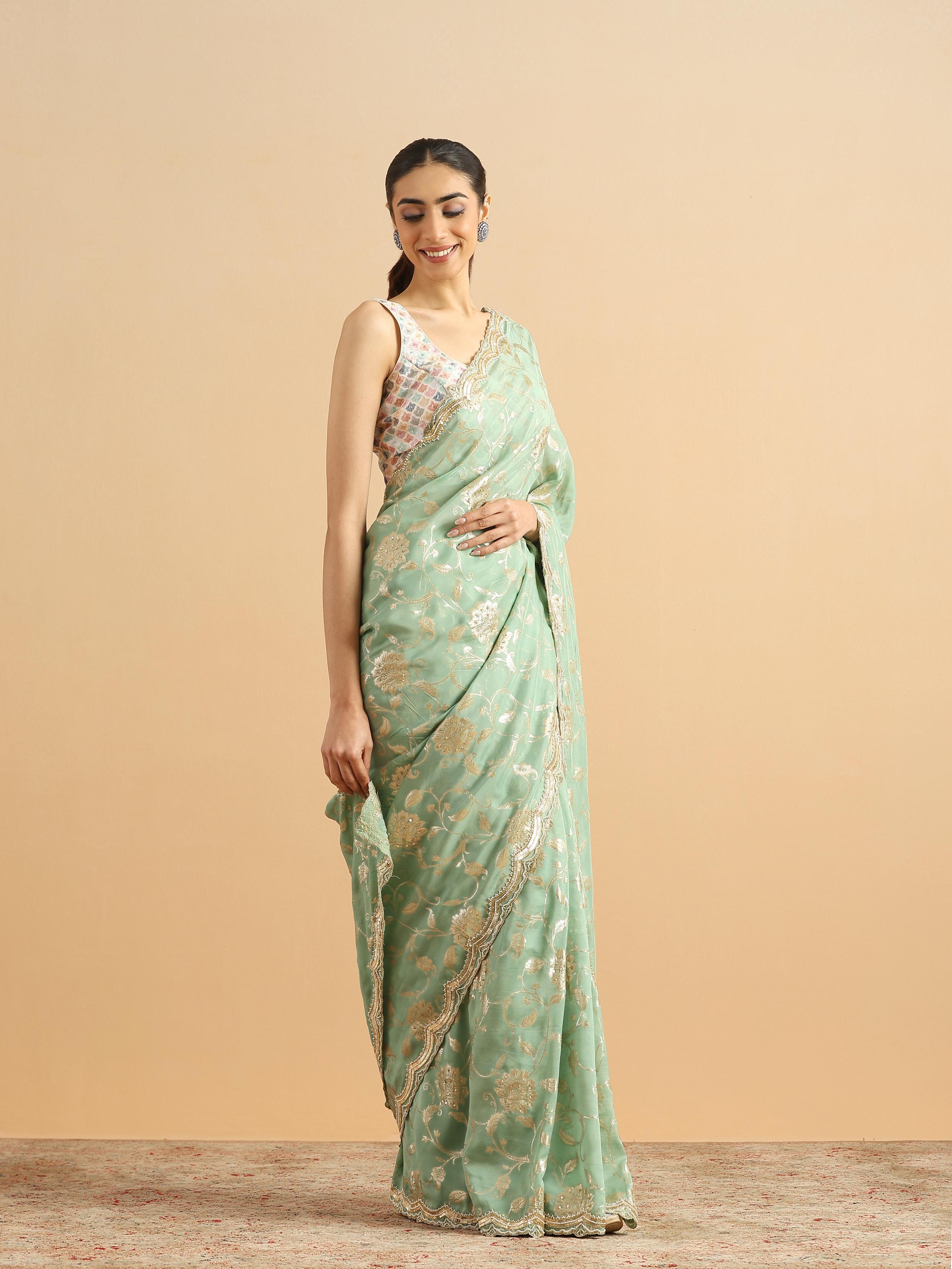Twamev Women Whispering Pista Green Organza Saree