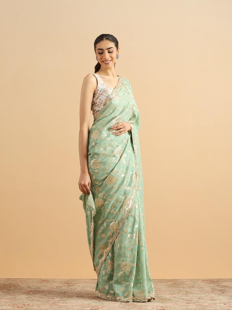 Twamev Women Whispering Pista Green Organza Saree