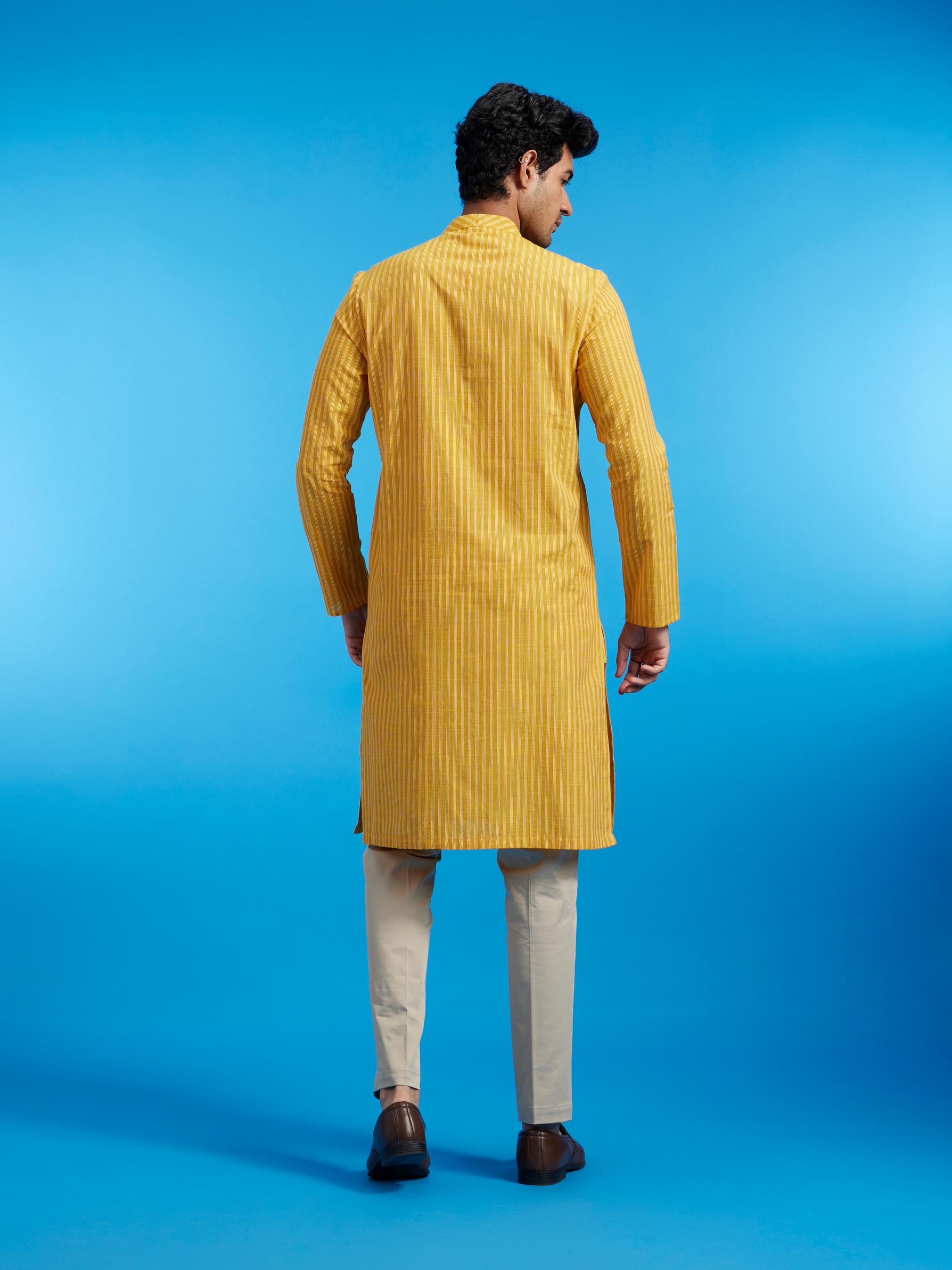 Diwas Men Mustard Yellow Linear Patterned Striped Kurta