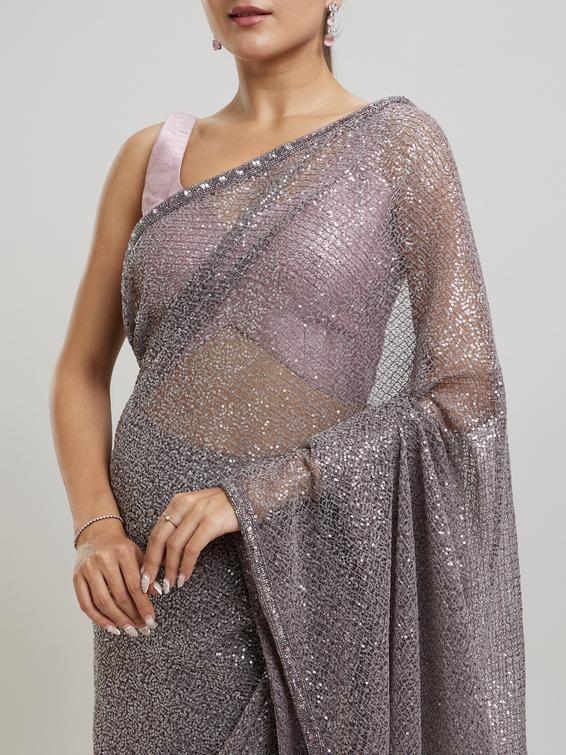 Twamev Women Regal Purple Sequin Saree