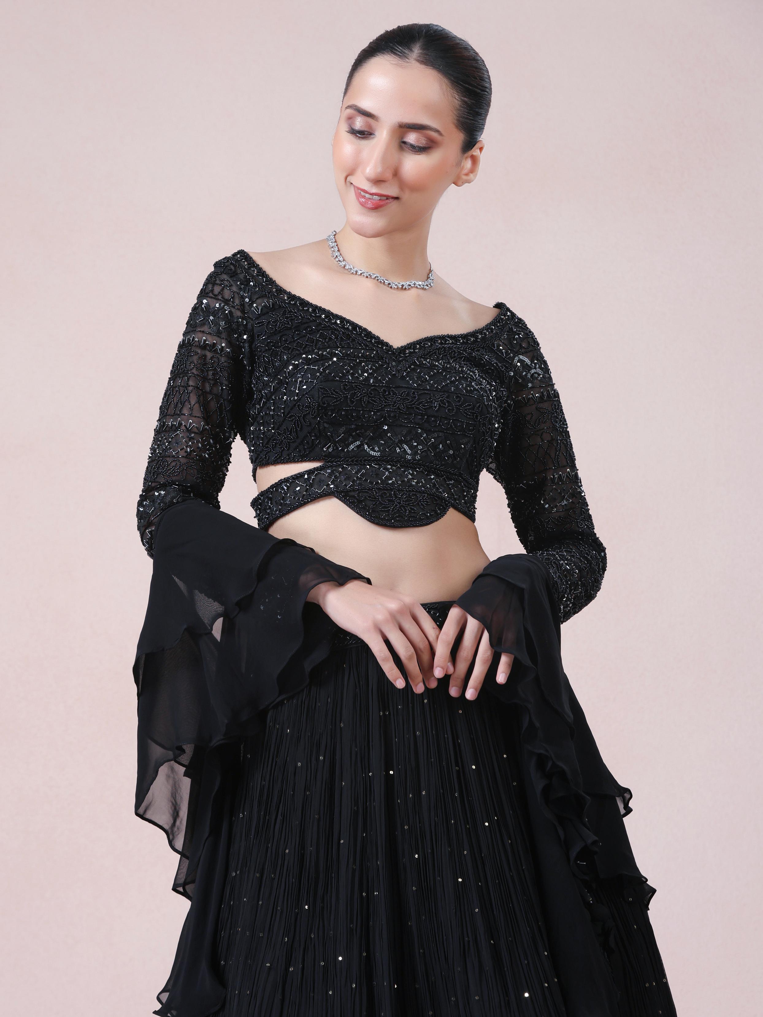 Twamev Women Glamourous Black Georgette Skirt Top Set