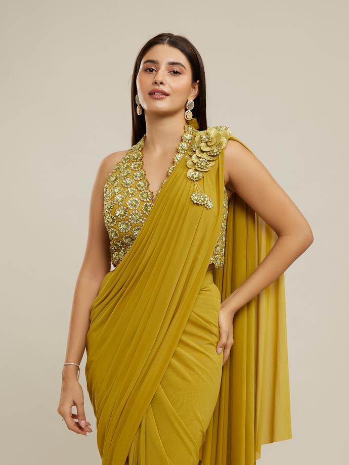 Twamev Women Mustard Yellow Net-Lycra Saree