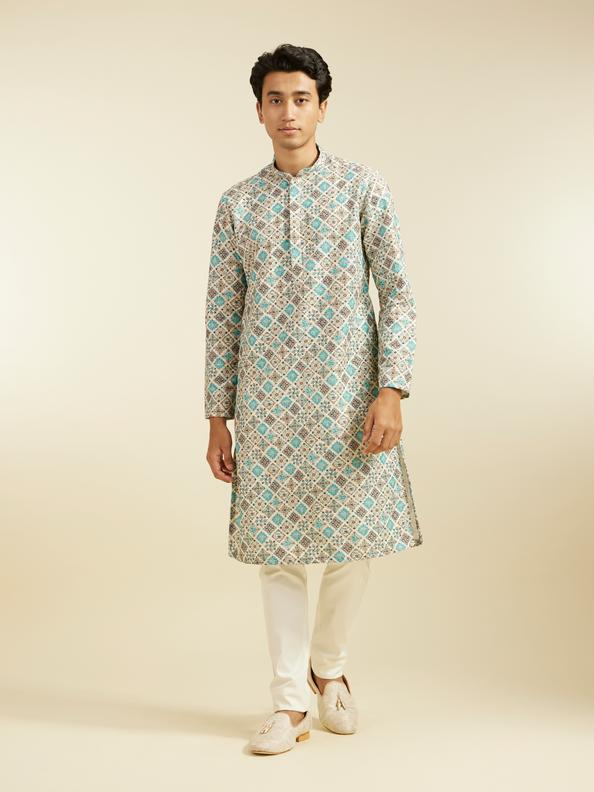 Diwas Men Aqua Green Chikankari Inspired Printed Kurta