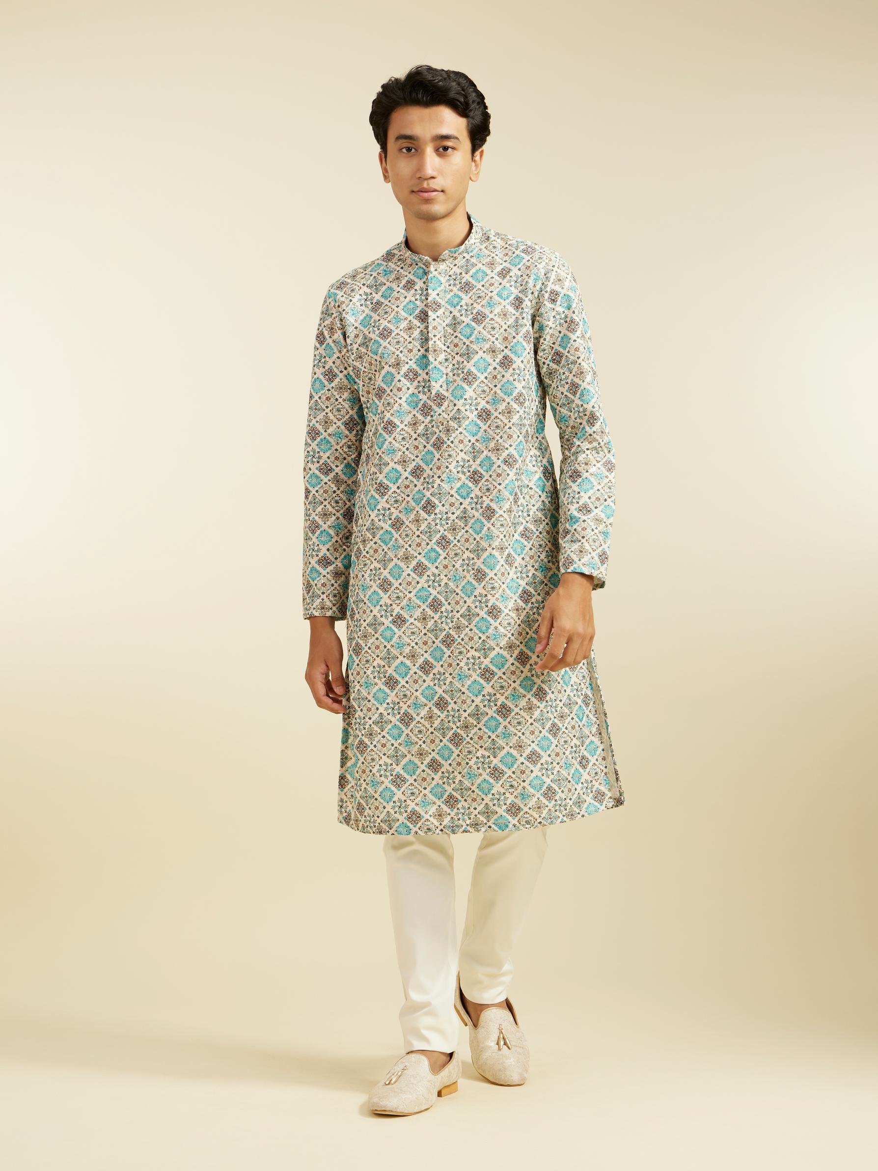 Diwas Men Aqua Green Chikankari Inspired Printed Kurta