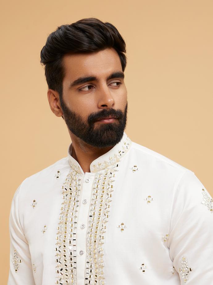 Twamev Men Gleaming Cream Satin Kurta Set with Dupatta