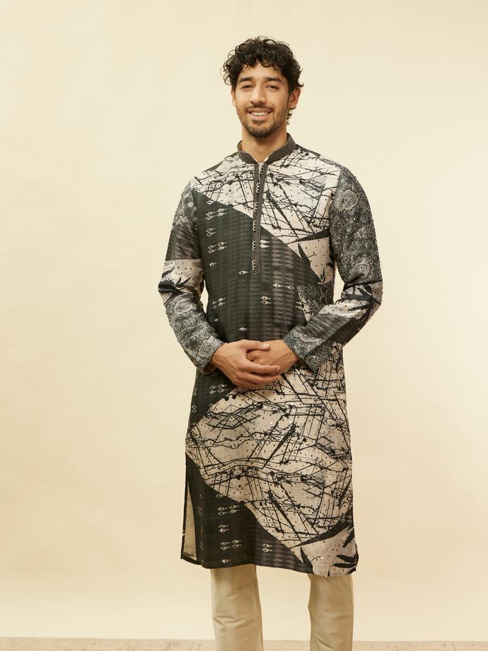 Twamev Men Stand Out Grey Self Print Kurta Set