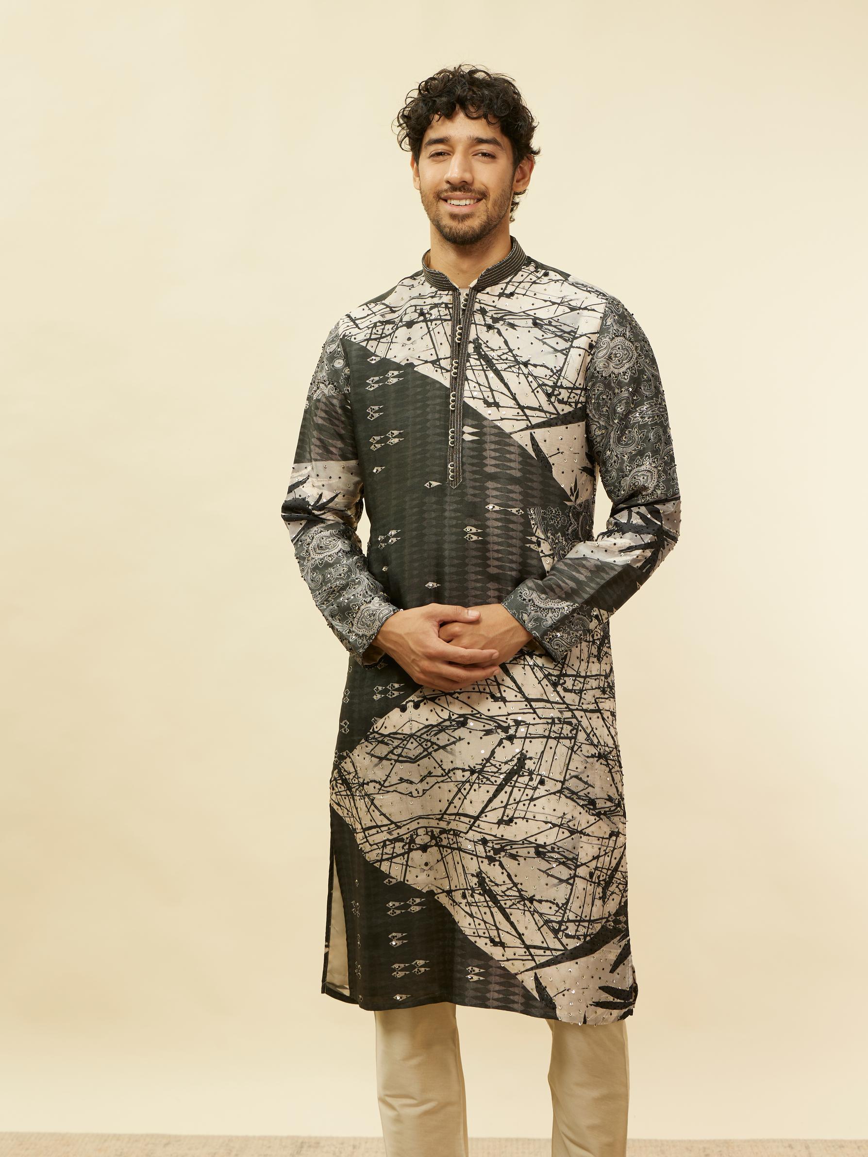Twamev Men Stand Out Grey Self Print Kurta Set
