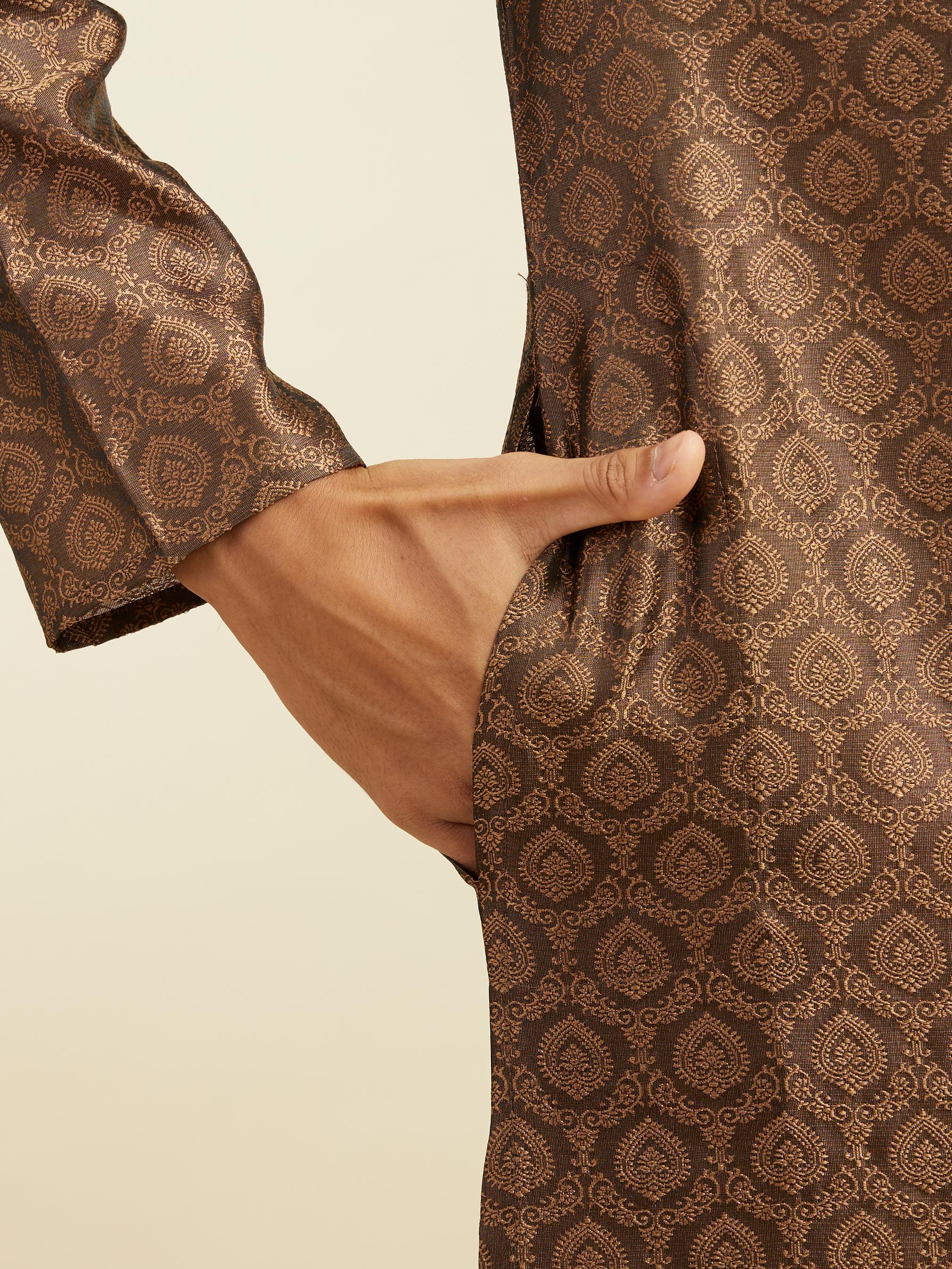 Diwas Men Mocha Brown Jaal Patterned Kurta with Jhallar Motifs