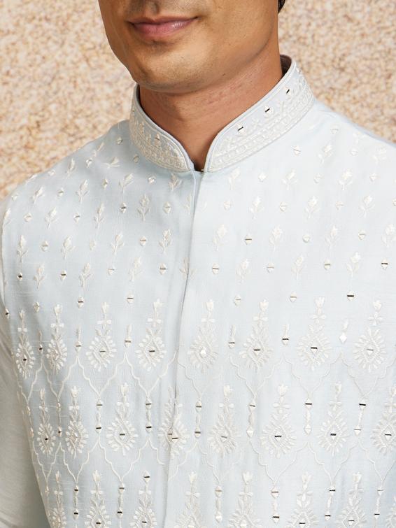 Twamev Men Glistening Light Blue Kurta Jacket Set