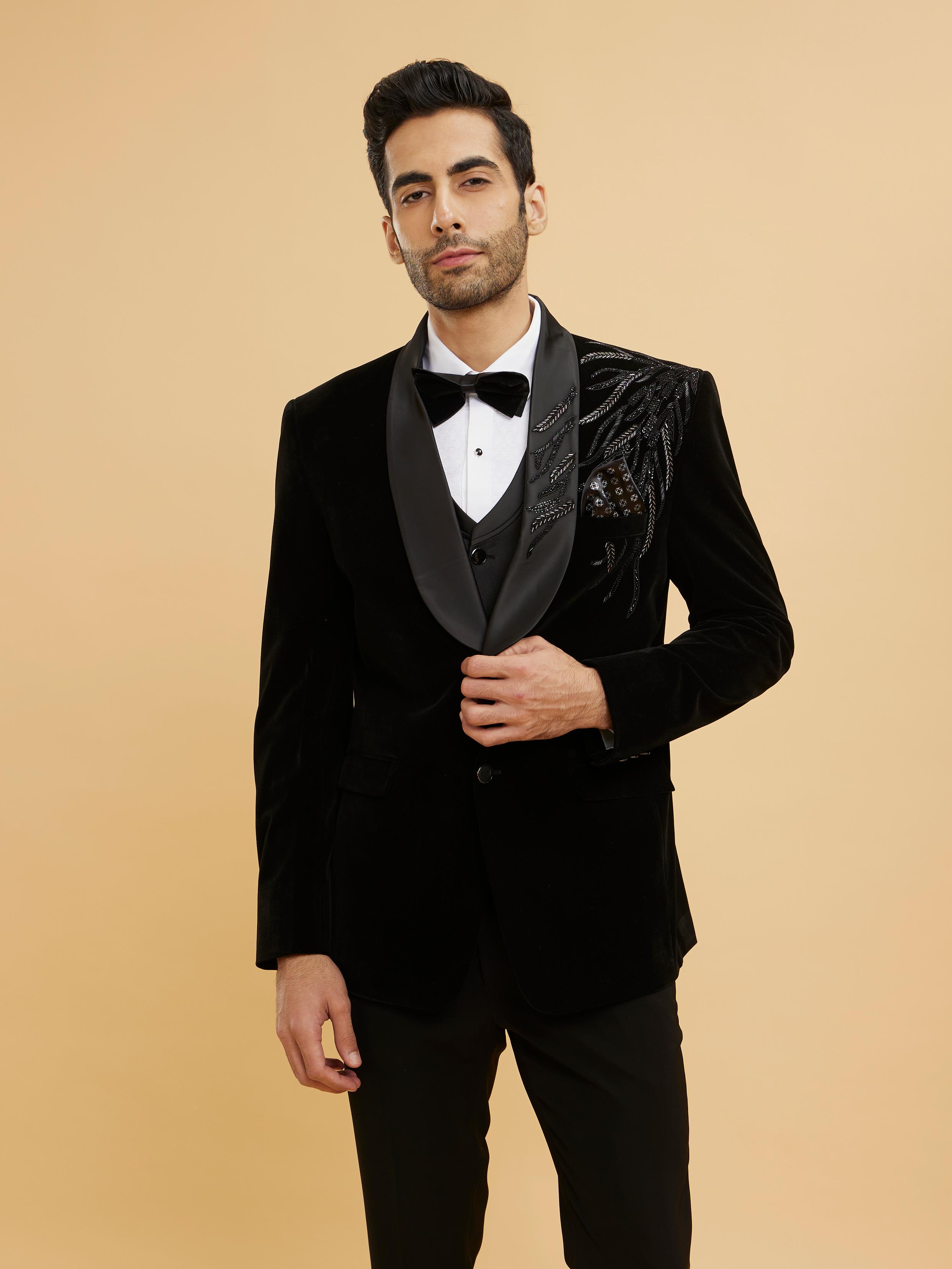 Twamev Men Midnight Black Shawl Collared Sequin Embellished Suit Set