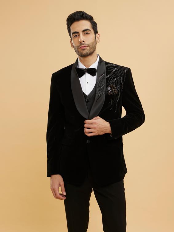 Twamev Men Midnight Black Shawl Collared Sequin Embellished Suit Set