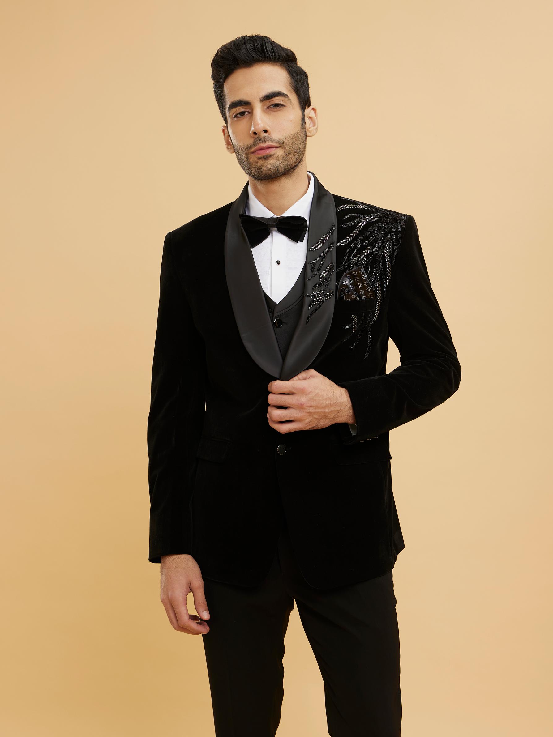Twamev Men Midnight Black Shawl Collared Sequin Embellished Suit Set