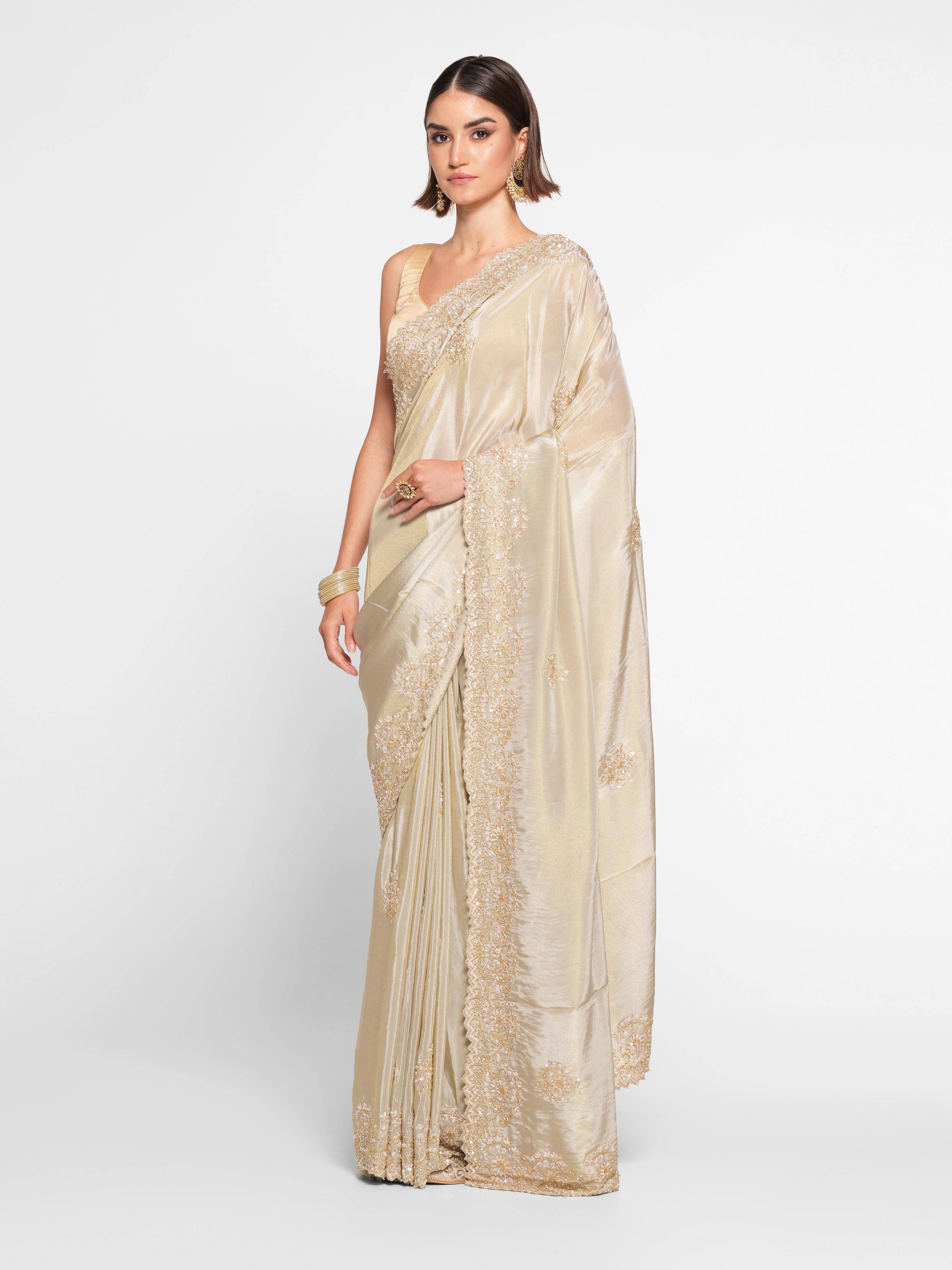 Twamev Women Elegant Cream Saree in Organza with Precise Embellishments