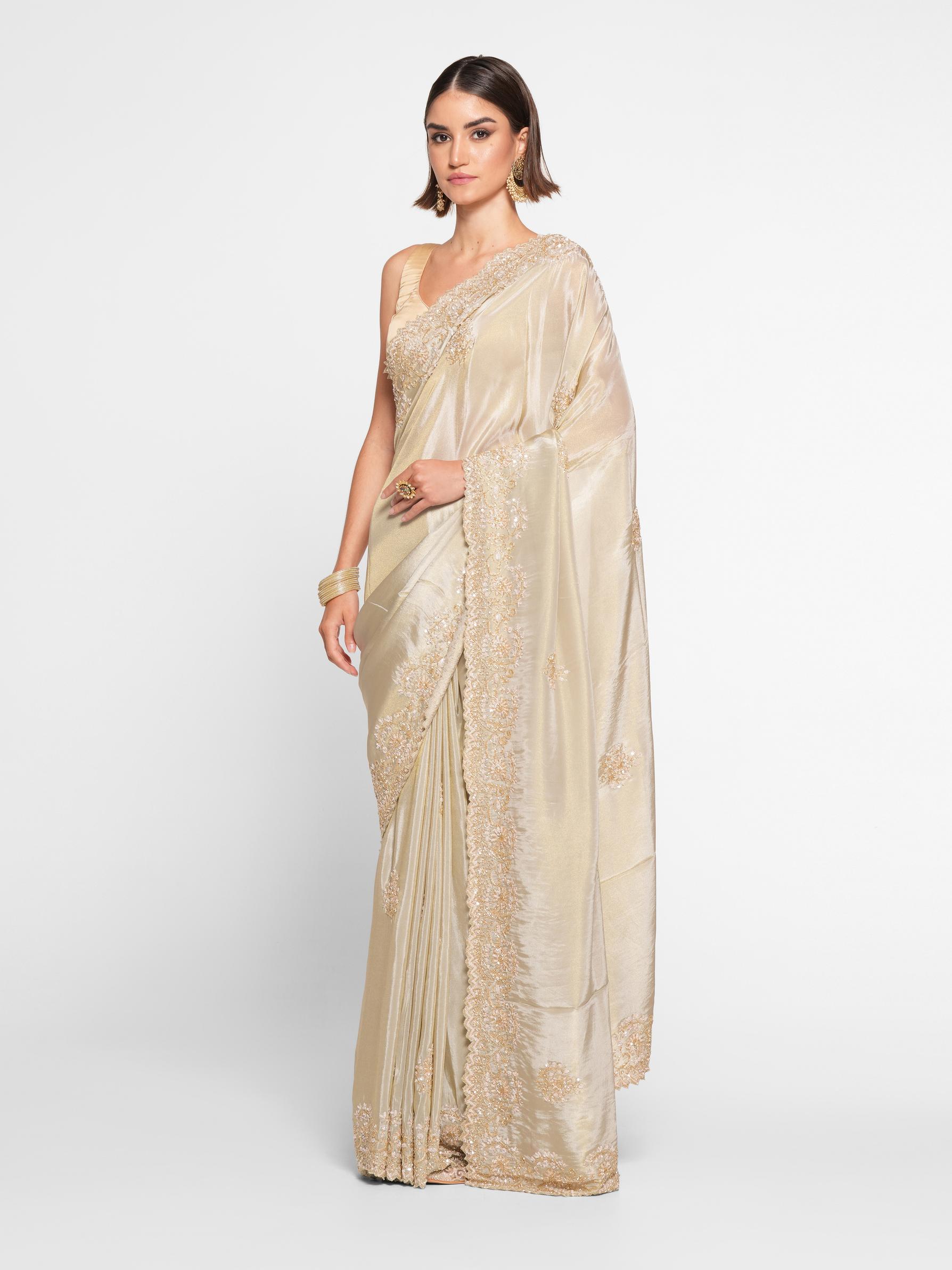 Twamev Women Elegant Cream Saree in Organza with Precise Embellishments