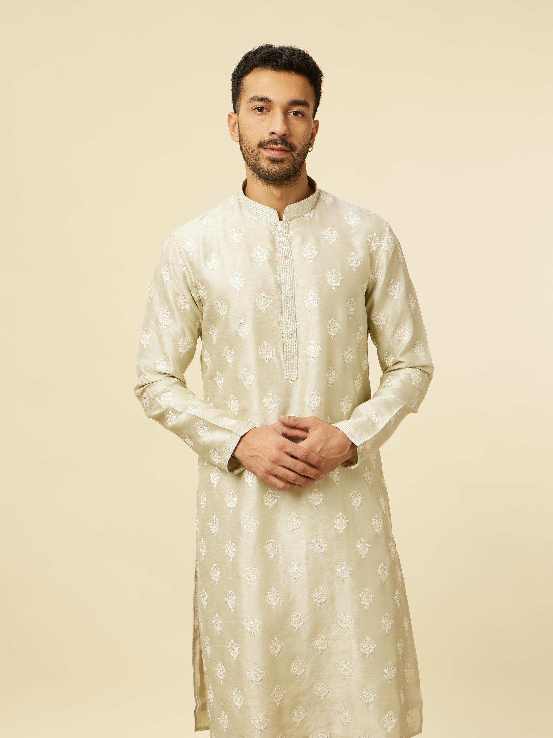 Twamev Men Pista Green Self Patterned Kurta Set