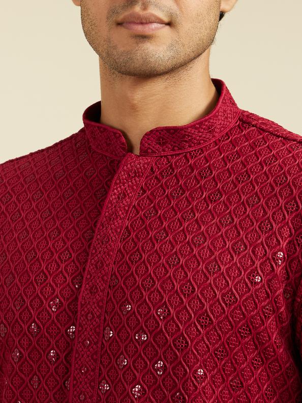 Diwas Men Maroon Red Chikankari Kurta With Sequins