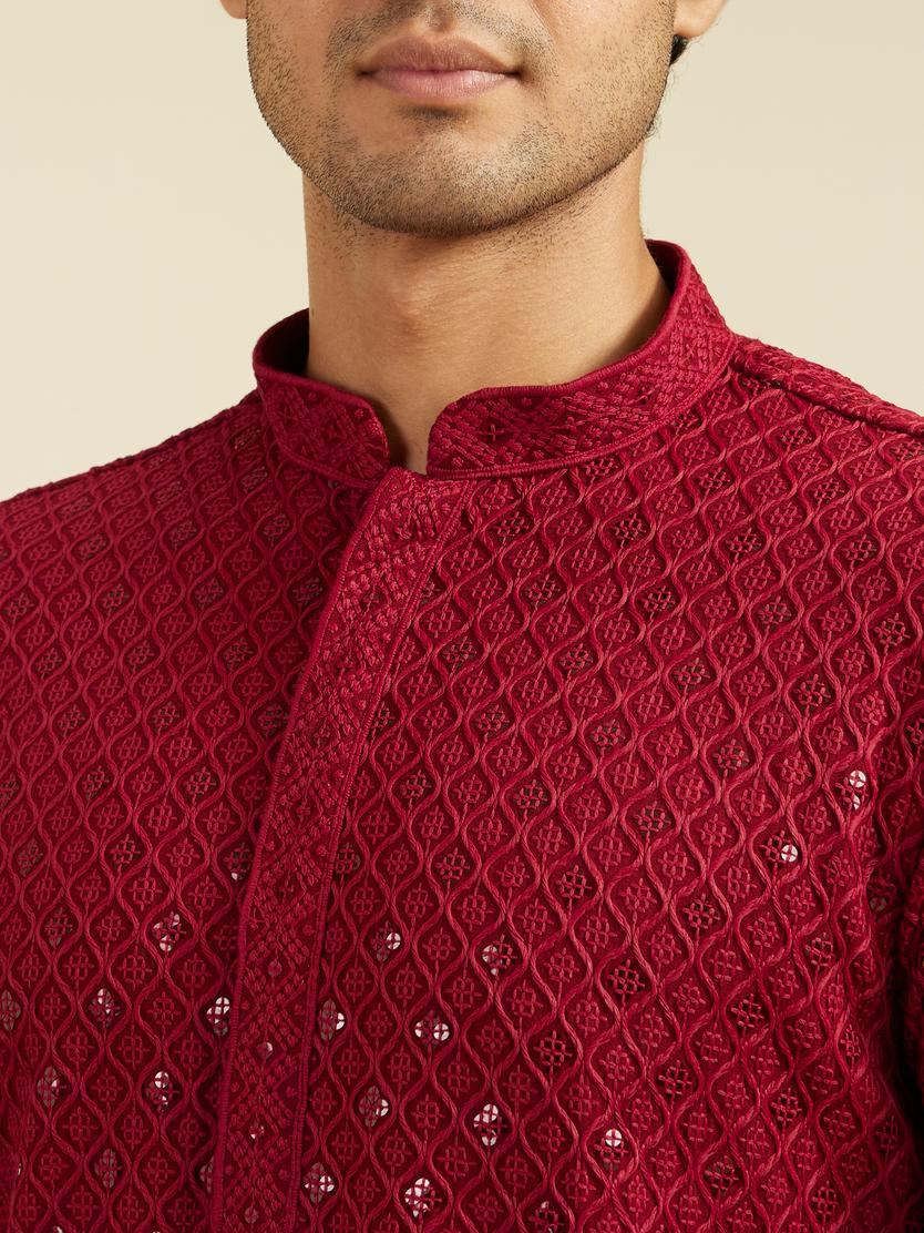 Diwas Men Maroon Red Chikankari Kurta With Sequins