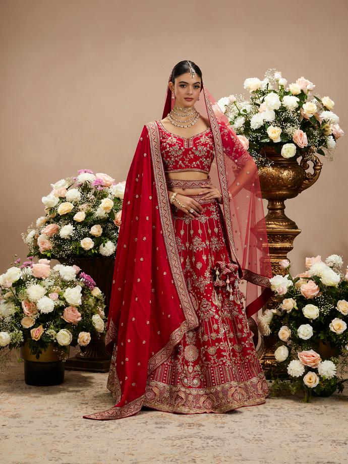 Twamev Women Tomato Red Zari Embroidered Lehenga with Medallion And Buta Motifs
