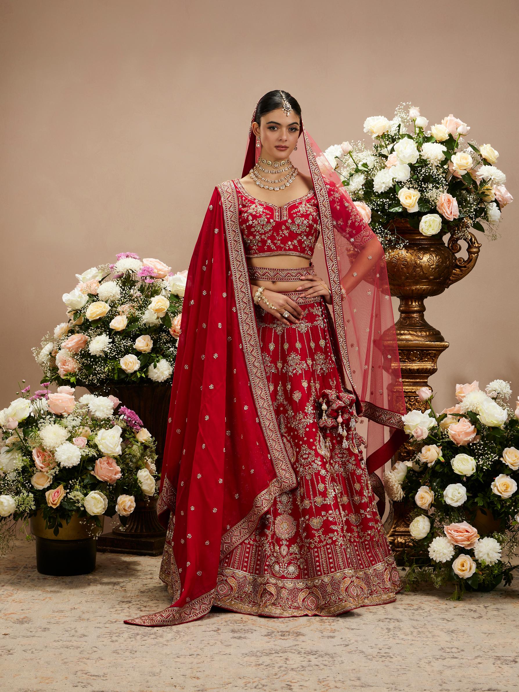 Twamev Women Tomato Red Zari Embroidered Lehenga with Medallion And Buta Motifs