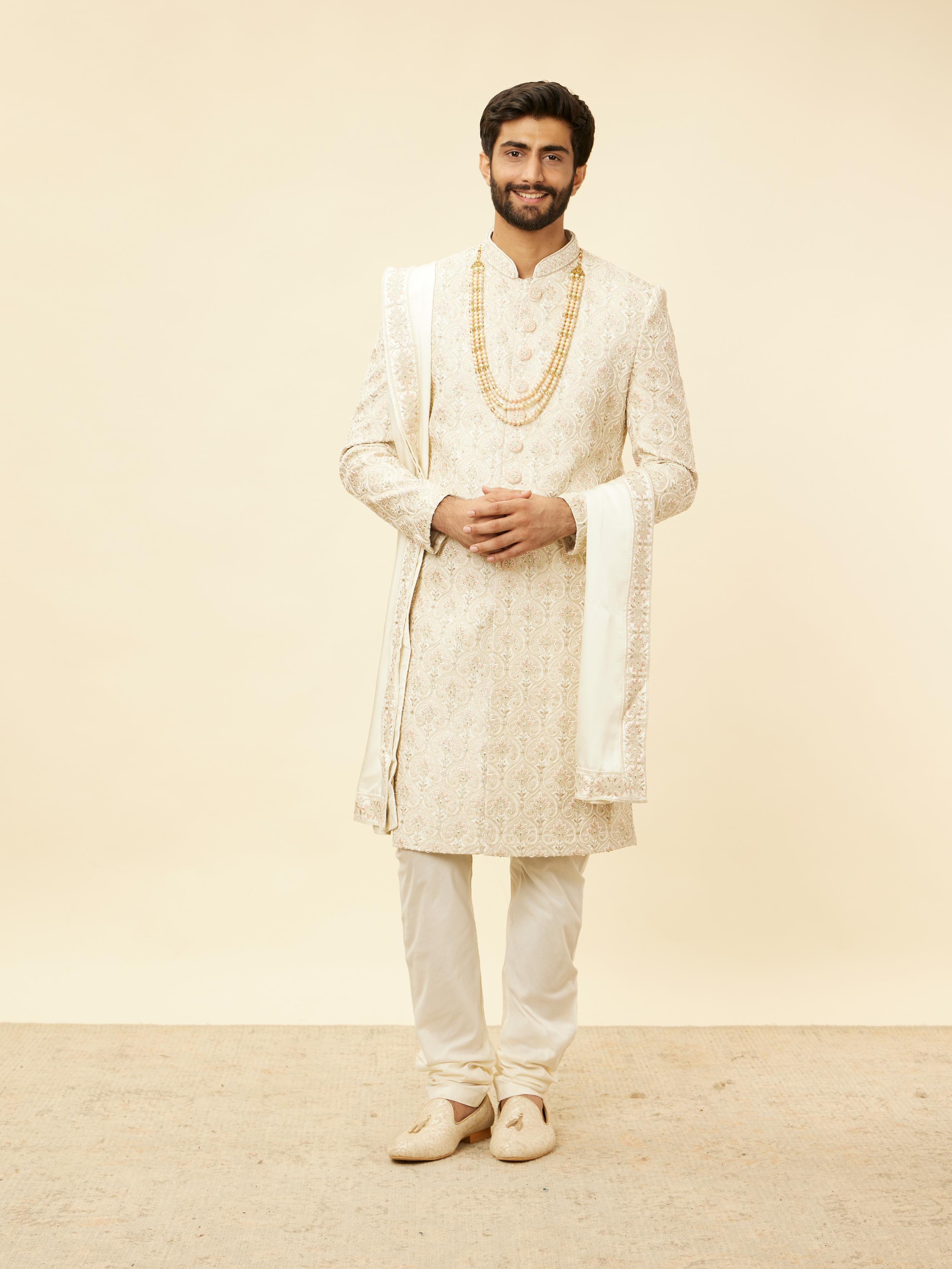 Twamev Men Warm White Sherwani with Embroidery & Zari Details