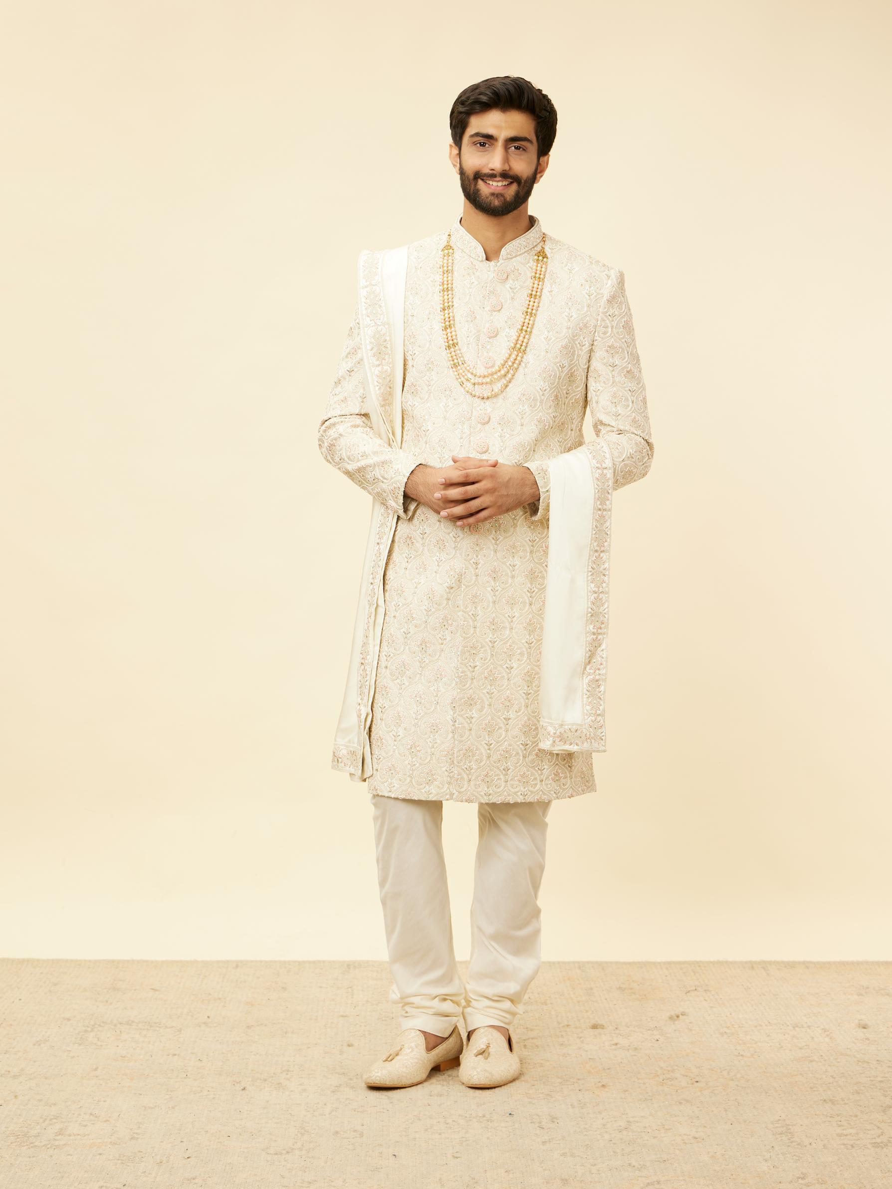 Twamev Men Warm White Sherwani with Embroidery & Zari Details