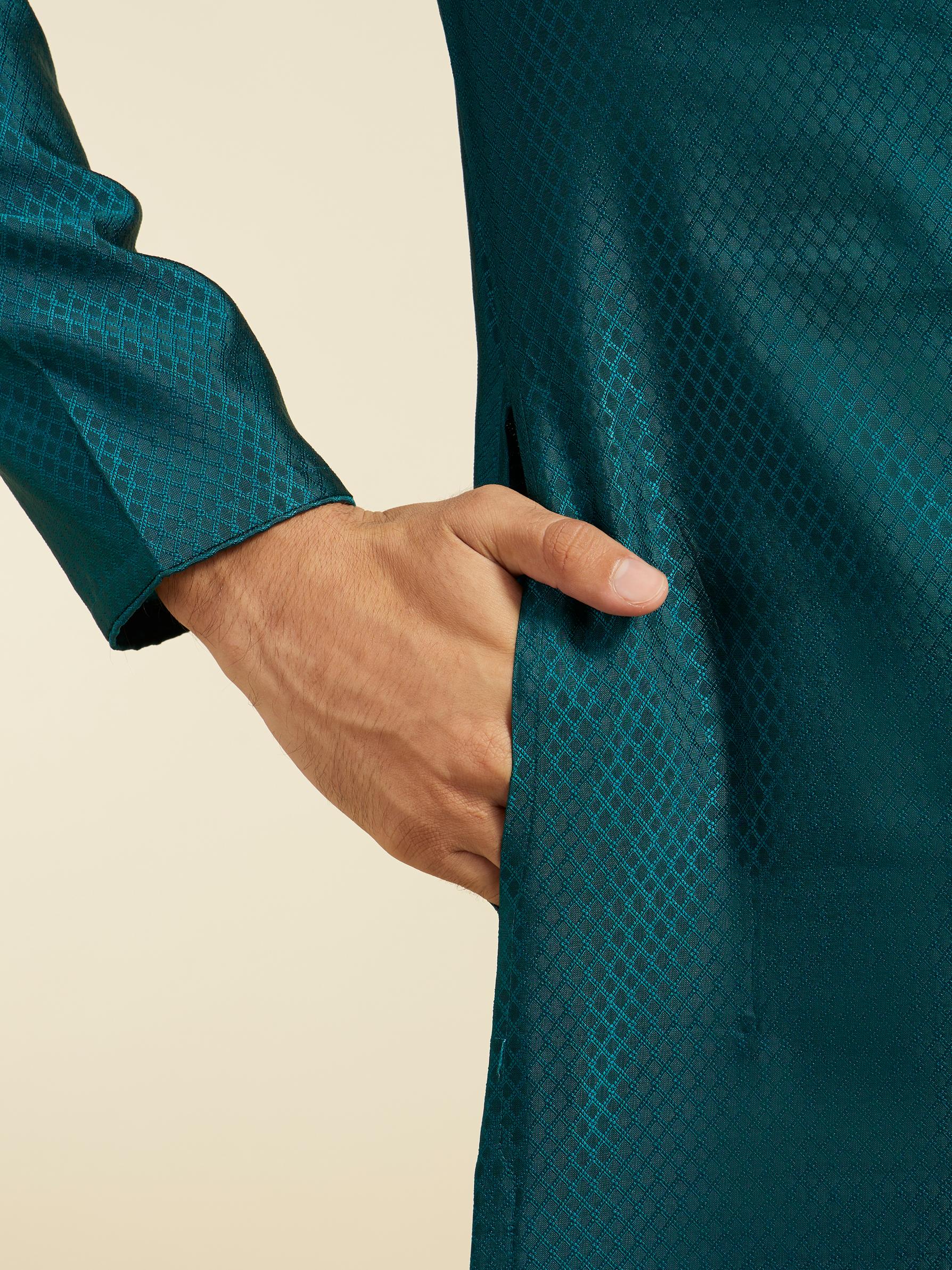 Diwas Men Teal Green Lattice Patterned Kurta