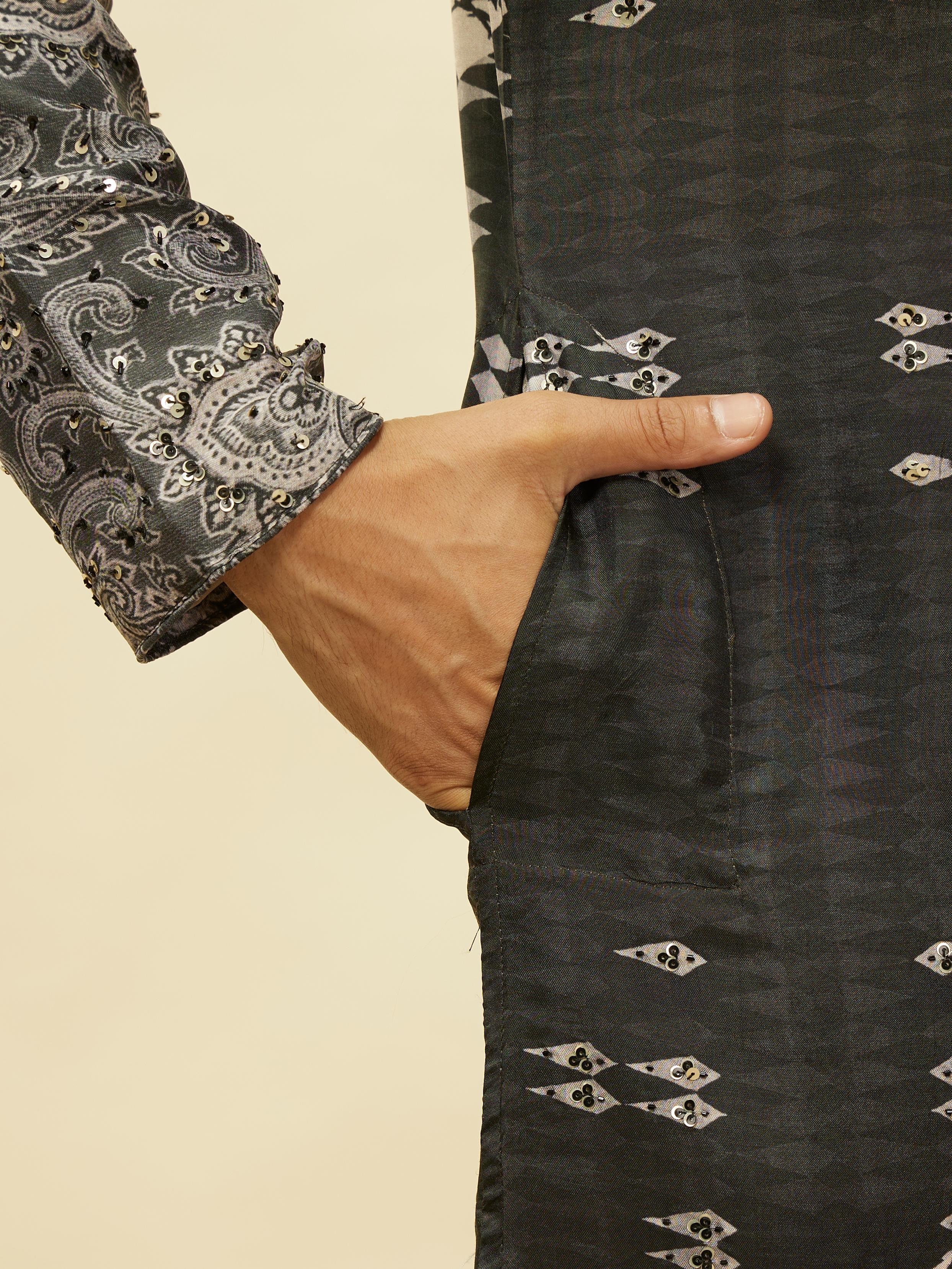 Twamev Men Stand Out Grey Self Print Kurta Set