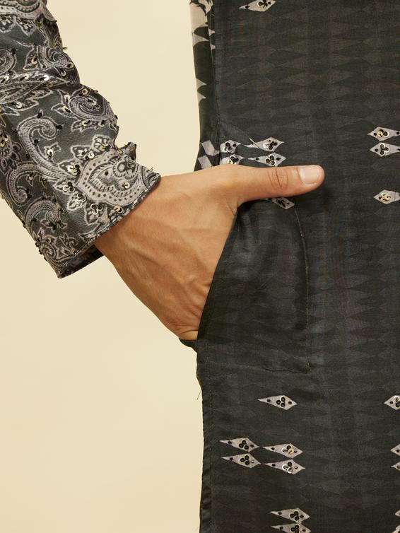 Twamev Men Stand Out Grey Self Print Kurta Set