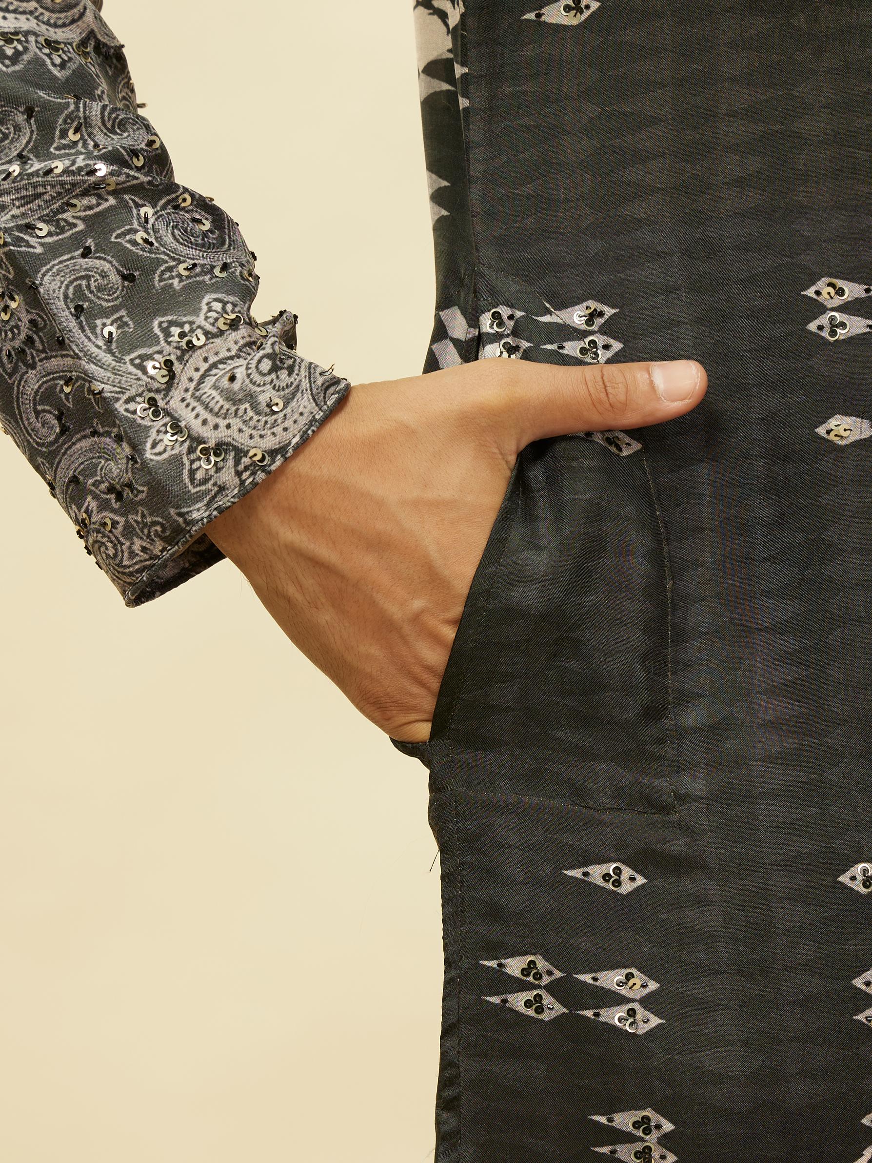 Twamev Men Stand Out Grey Self Print Kurta Set