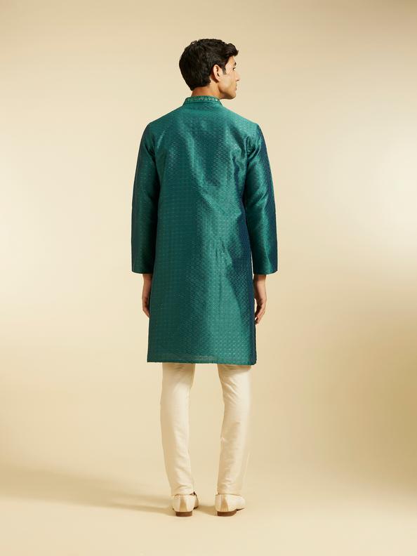 Diwas Men Teal Green Jaal Patterned Kurta with Embroidered Placket