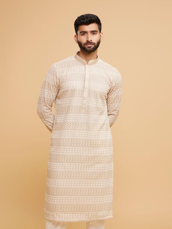 Twamev Men Radiant Beige Georgette Kurta Pajama