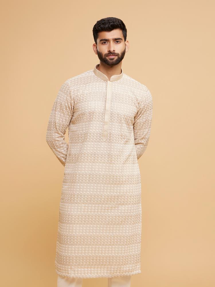 Twamev Men Radiant Beige Georgette Kurta Pajama