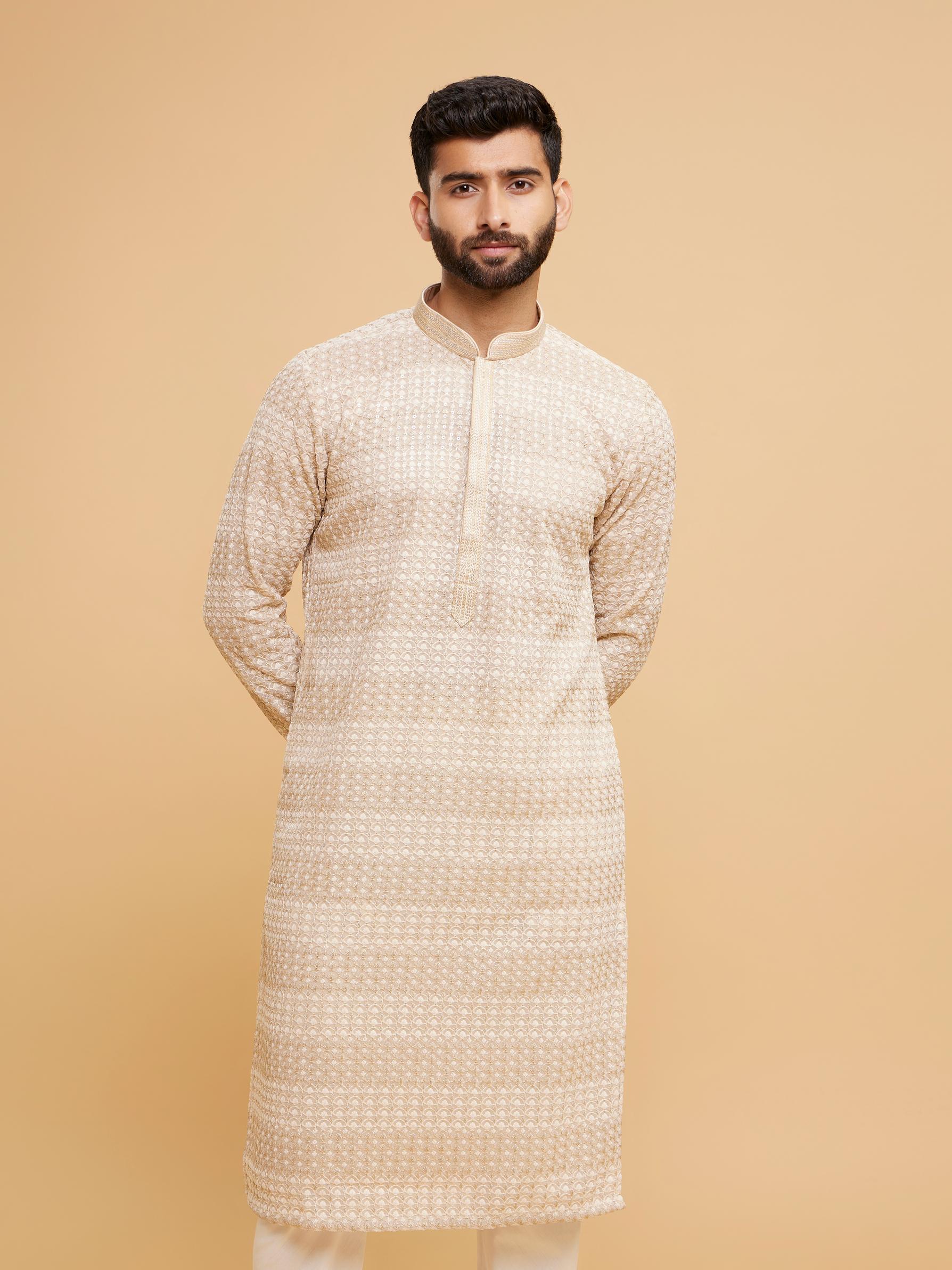 Twamev Men Radiant Beige Georgette Kurta Pajama