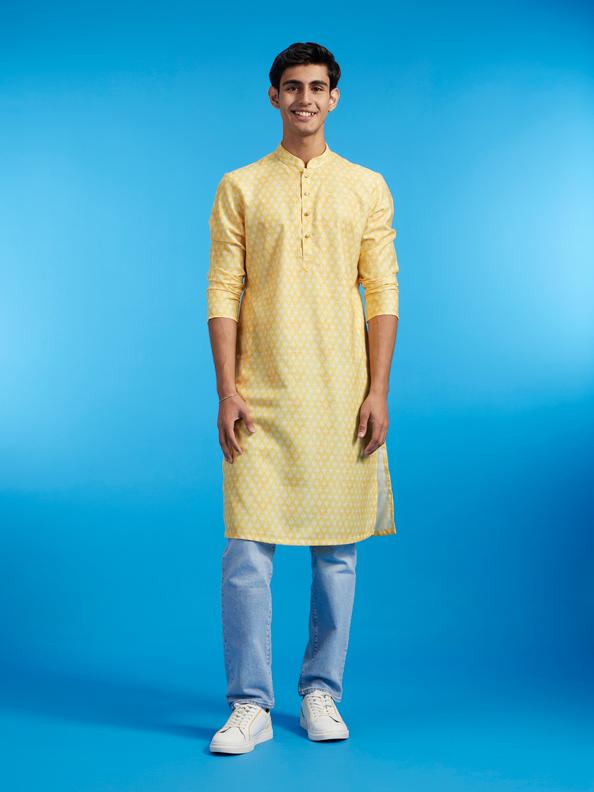 Diwas Men Sunshine Yellow Jaal Printed Kurta