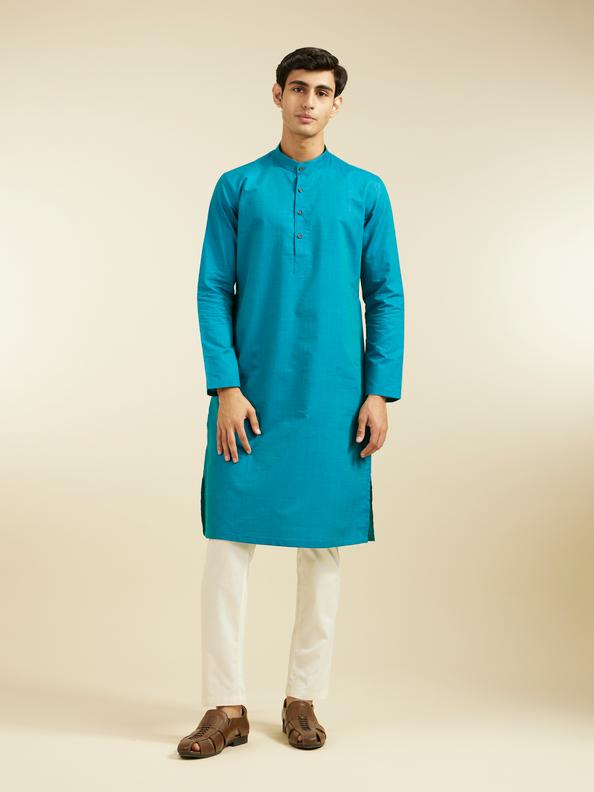 Diwas Men Turquoise Blue Linear Self Striped Kurta