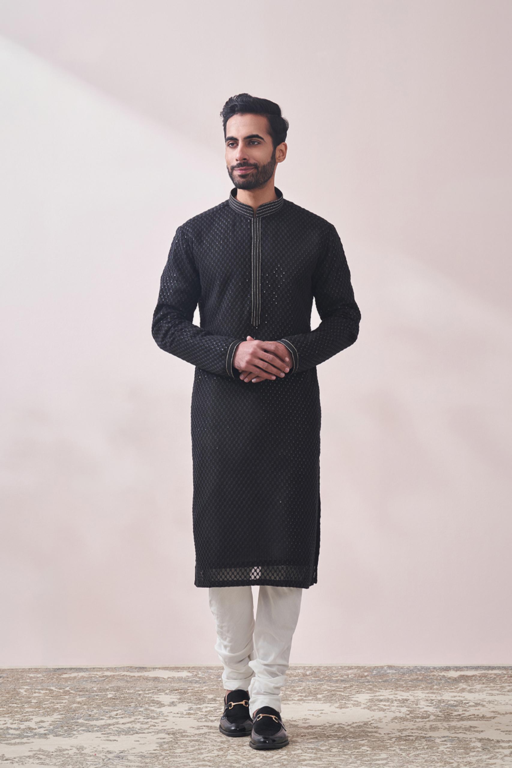 Twamev Men Midnight Black Chikanakri Kurta Set