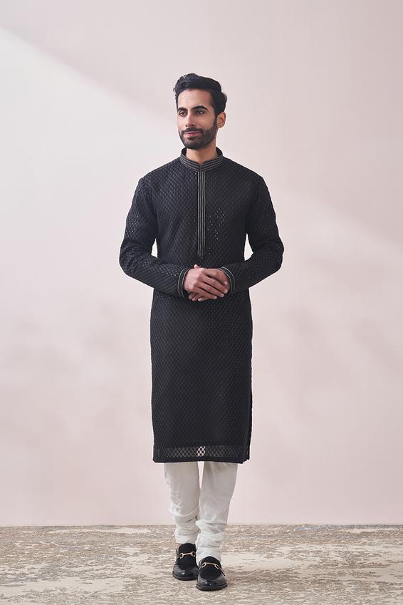 Twamev Men Midnight Black Chikanakri Kurta Set