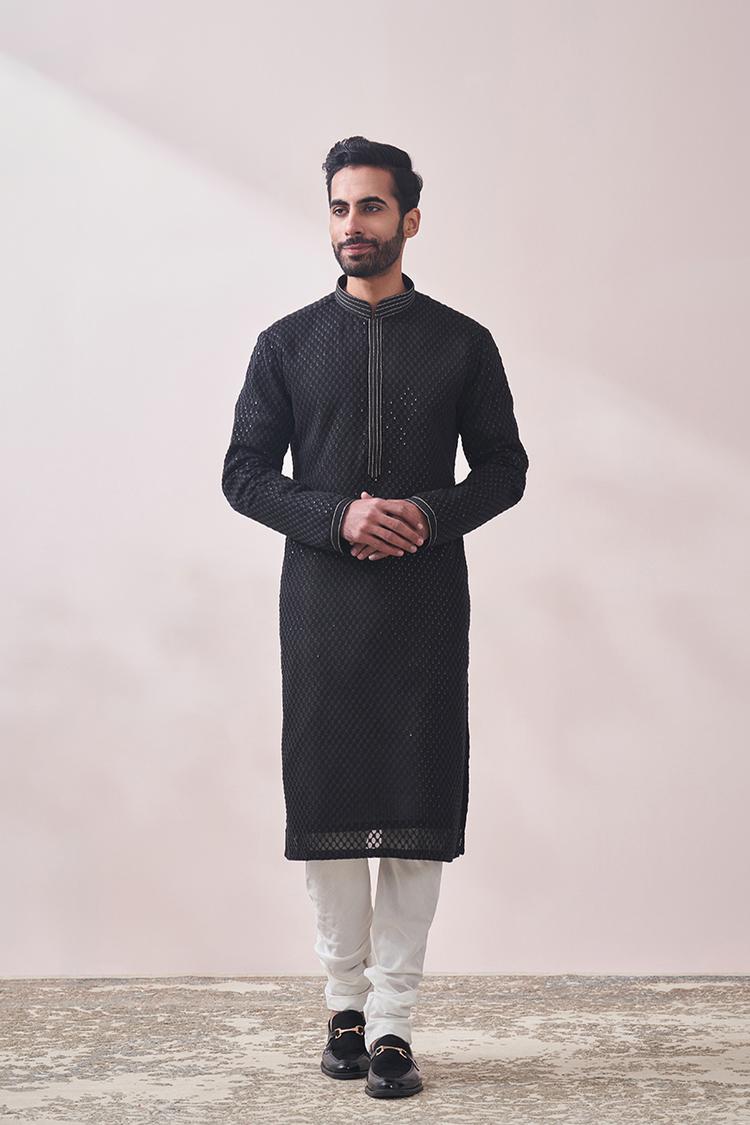 Twamev Men Midnight Black Chikanakri Kurta Set