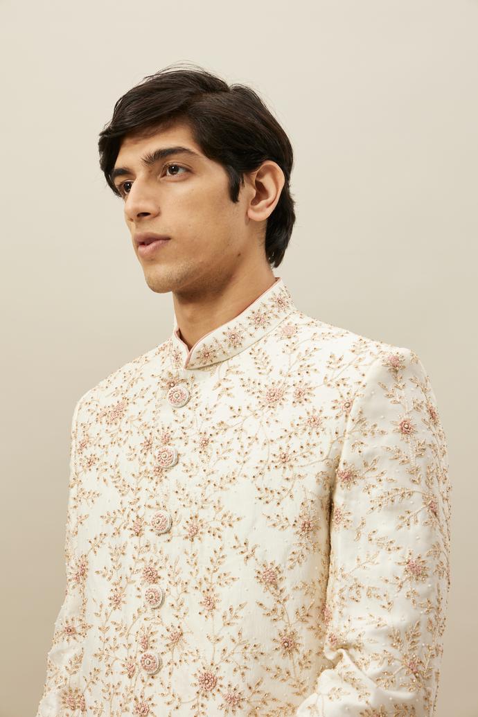 Twamev Men Off White and Pink Embroidered Sherwani Set