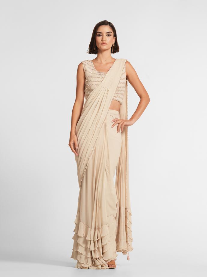 Twamev Women Twinkling Cream Georgette Saree