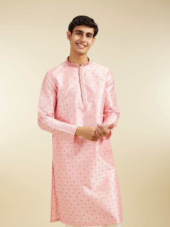Diwas Men Bubblegum Pink Kurta with Shankh Motifs and Rhinestones