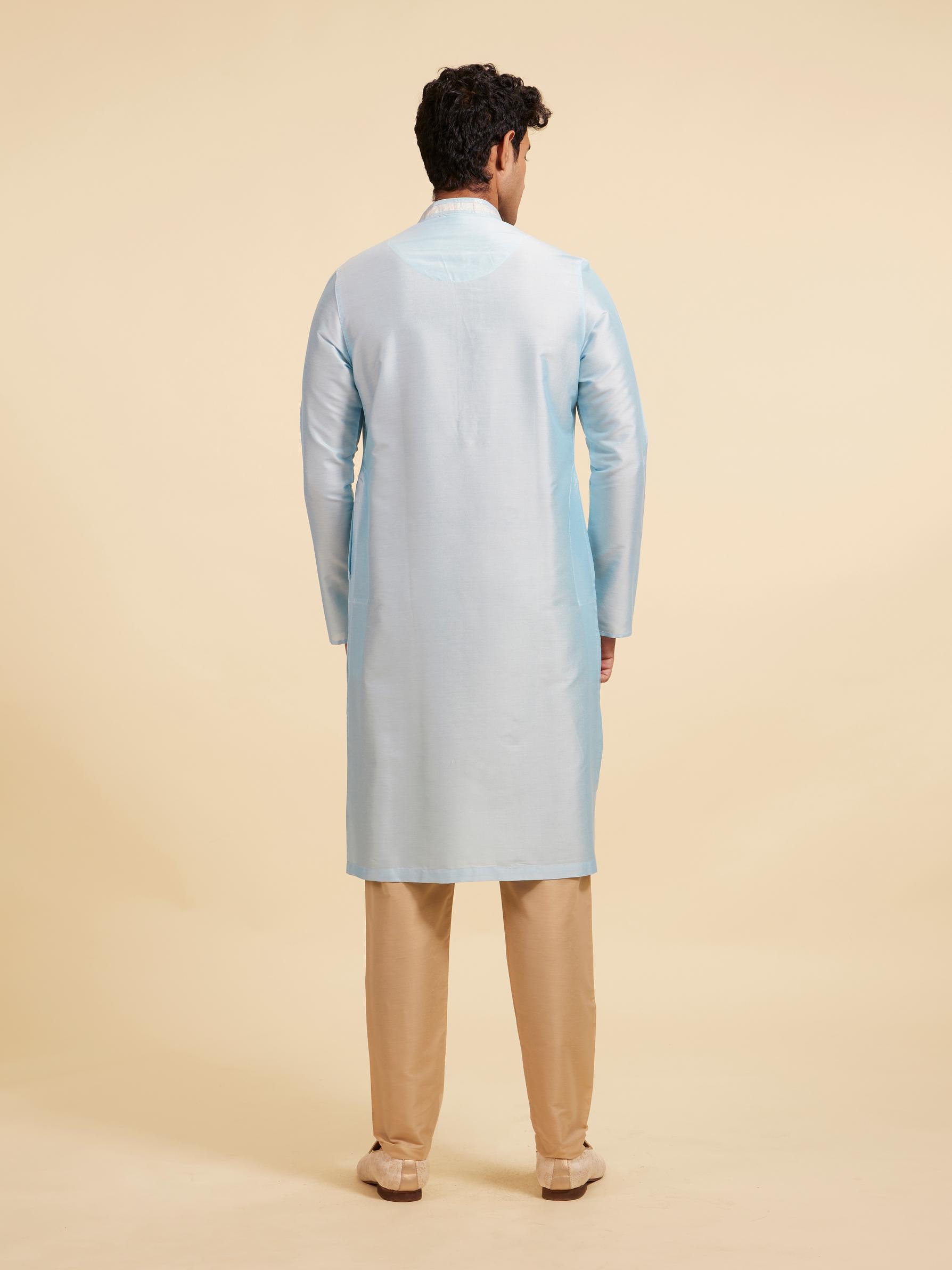 Diwas Men Powder Blue Plain Kurta with Embroidered Placket