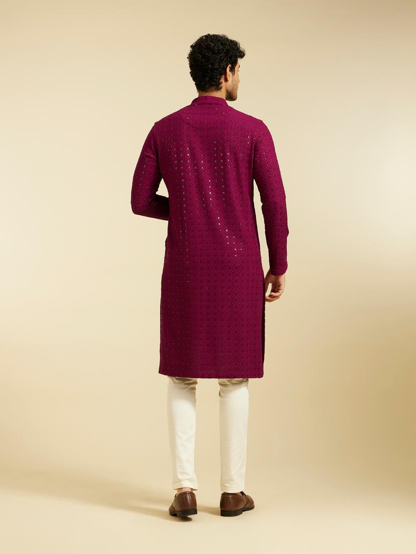 Diwas Men Wine Red Chikankari Kurta with Sequin