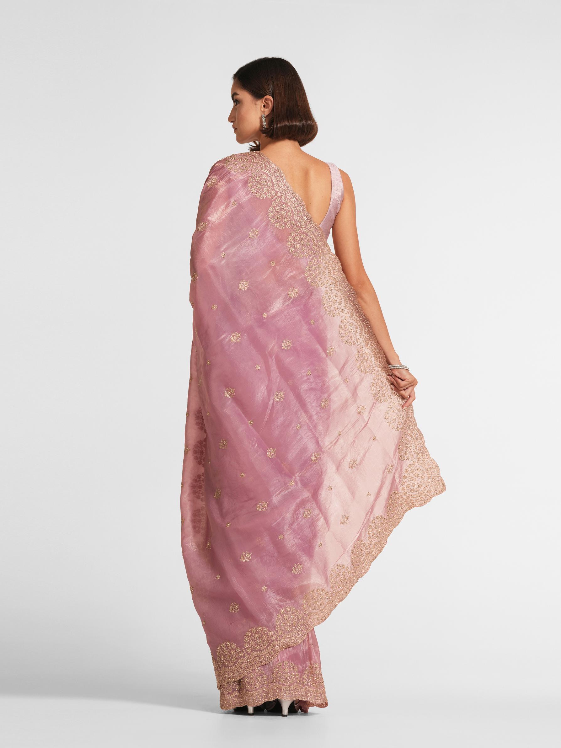 Twamev Women Dusty Pink Swirl Organza Saree